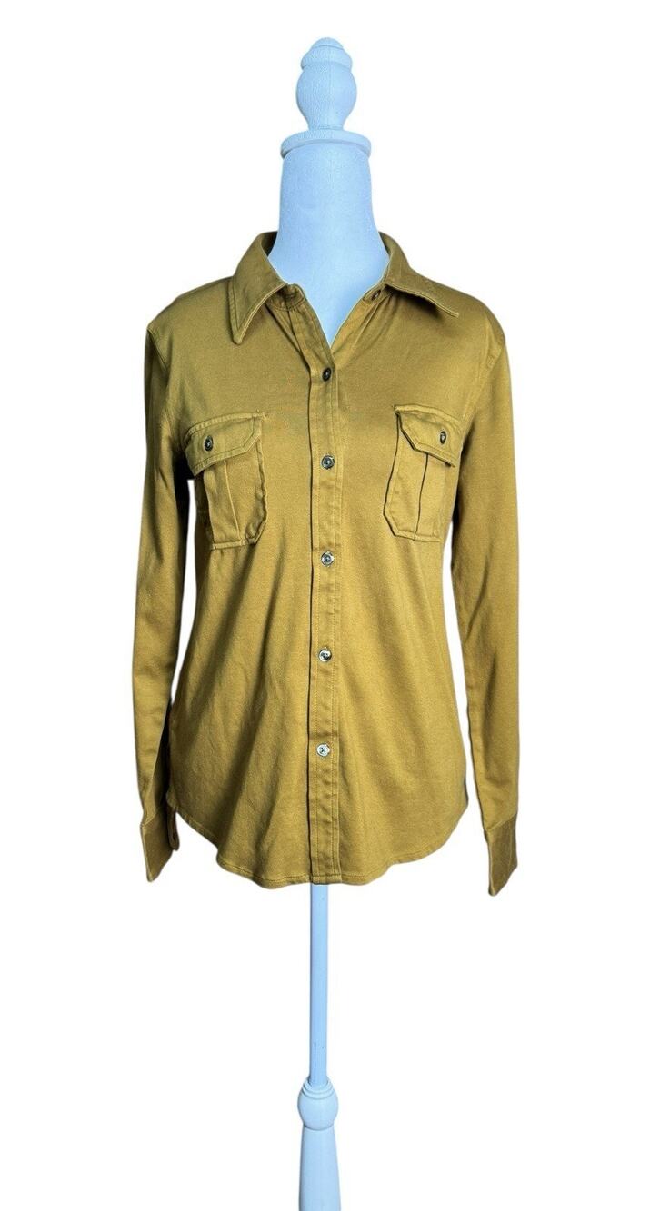 LL Bean Womens Mustard Gold Button Front Utility Top Casual Cotton Shirt Sz XS